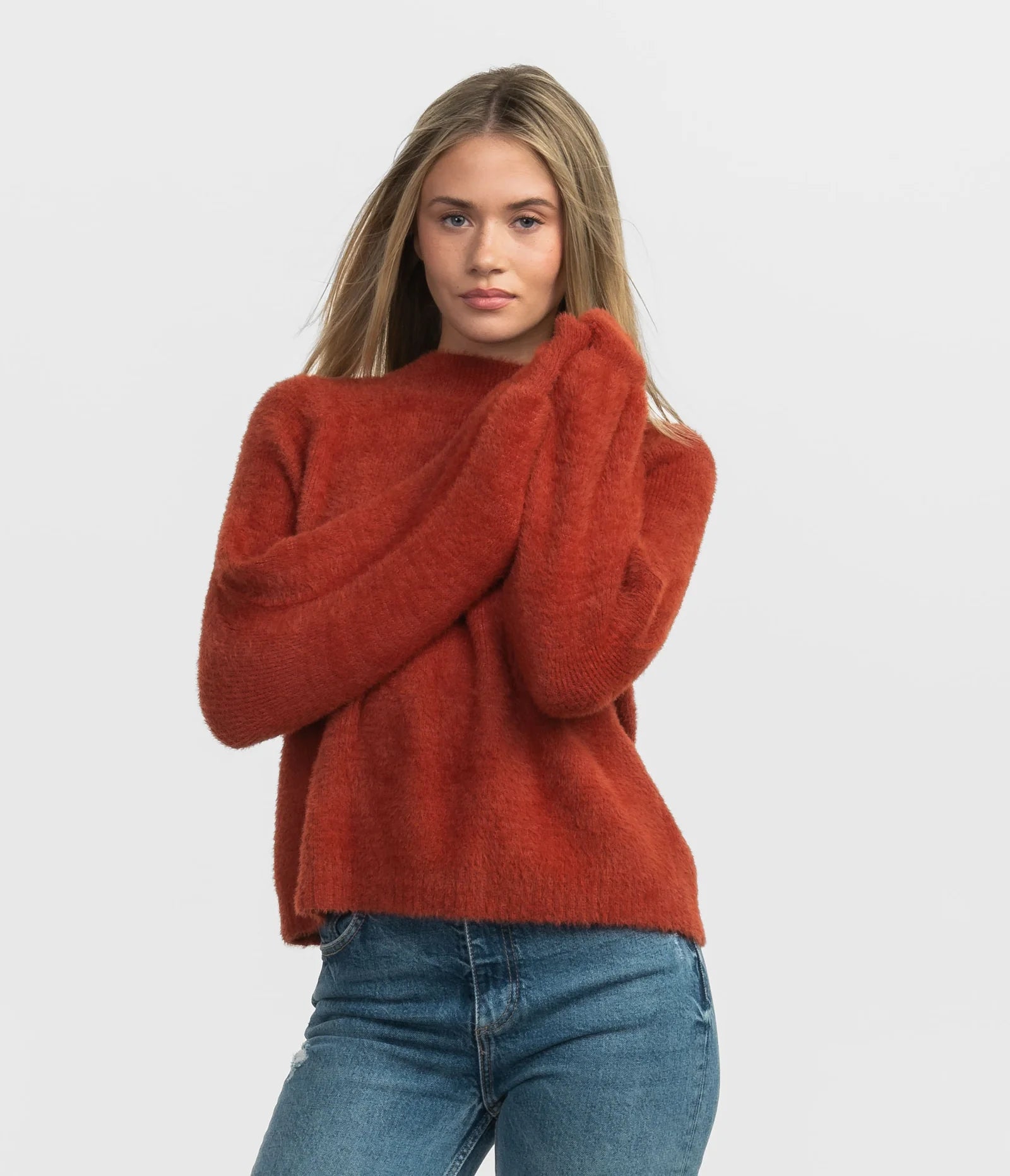 Split - Hem Women's Linen Blend Sweaters for SpringSouthern Shirt Feather Knit Mockneck Sweater - Sugar Swizzle Split - Hem Women's Linen Blend Sweaters for SpringSouthern Shirt Feather Knit Mockneck Sweater - Sugar Swizzle