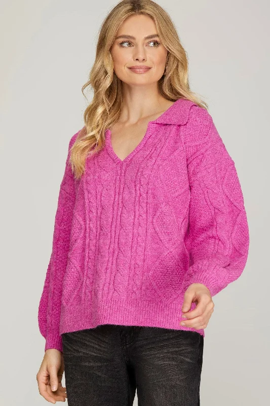 Tie - Front Women's Lambswool Sweaters in Pastel HuesLong Sleeve Collar Cable Knit Sweater Tie - Front Women's Lambswool Sweaters in Pastel HuesLong Sleeve Collar Cable Knit Sweater