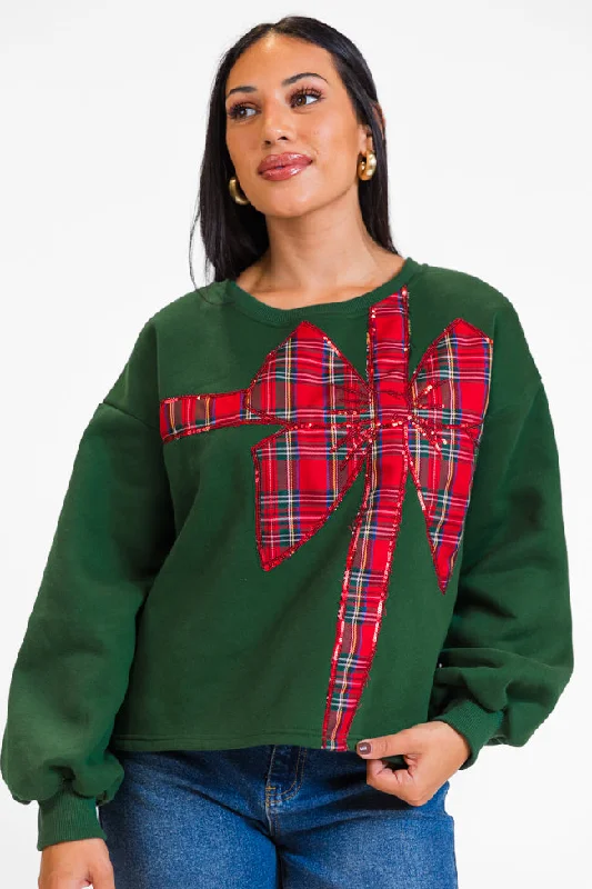 Hooded Women's Fleece - Lined Sweaters for WinterAll Tied Up Green Plaid Bow Sweatshirt Hooded Women's Fleece - Lined Sweaters for WinterAll Tied Up Green Plaid Bow Sweatshirt