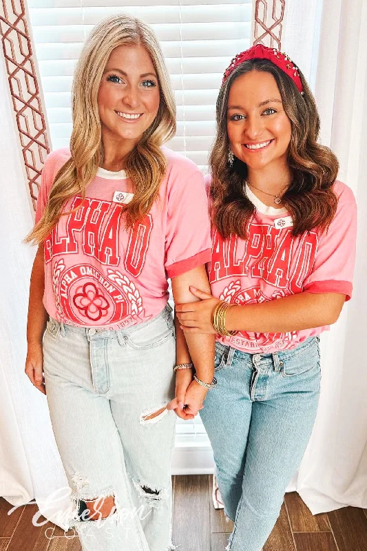 Embroidered Women T Shirt with Intricate DetailsAlpha Omicron Pi Recruitment Colorblock Ringer Tee Embroidered Women T Shirt with Intricate DetailsAlpha Omicron Pi Recruitment Colorblock Ringer Tee