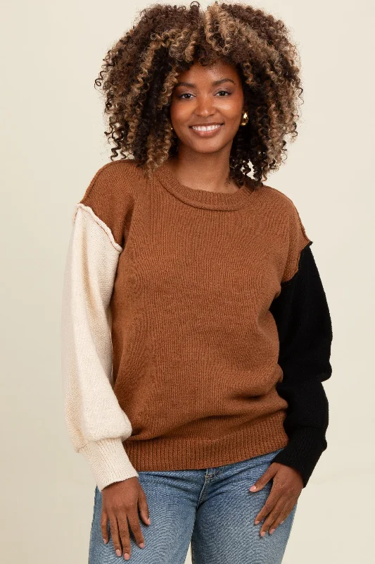 High - Low Hem Women's Cashmere - Blended SweatersBrown Colorblock Sleeve Sweater