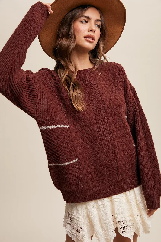 Boat Neck Women's Merino Wool Sweaters in Neutral ShadesBrown Striped Mixed Cable Knit Sweater Boat Neck Women's Merino Wool Sweaters in Neutral ShadesBrown Striped Mixed Cable Knit Sweater