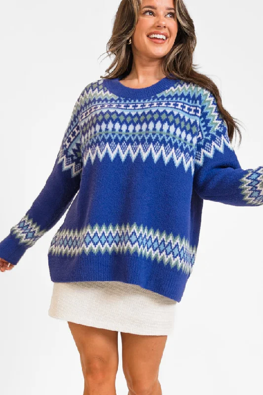 High - Low Hem Women's Cashmere - Blended SweatersBundled Up Navy Oversized Fuzzy Fair Isle Sweater High - Low Hem Women's Cashmere - Blended SweatersBundled Up Navy Oversized Fuzzy Fair Isle Sweater