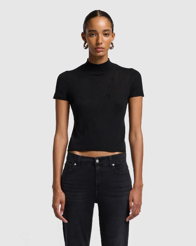 Cashmere Mock Neck Short Sleeve Sweater in Black