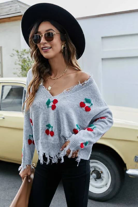 Bell - Sleeve Women's Mohair - Wool Blend SweatersCherry Pattern Frayed Trim V-Neck Sweater Bell - Sleeve Women's Mohair - Wool Blend SweatersCherry Pattern Frayed Trim V-Neck Sweater