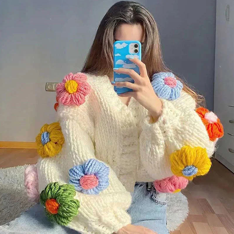 Cute Puff Sleeve Hand Knit Chunky Yarn Floral Cropped Cardigan