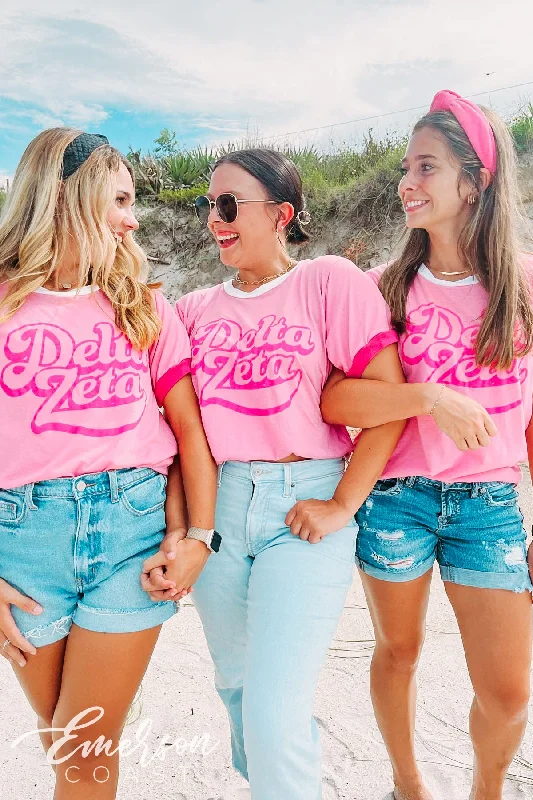 Puff Sleeve Women T Shirt for a Fashion - Forward LookDelta Zeta Bold Script Pink Colorblock Ringer Puff Sleeve Women T Shirt for a Fashion - Forward LookDelta Zeta Bold Script Pink Colorblock Ringer