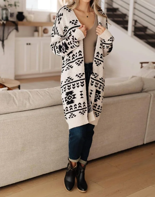 Drive To The Cabin Cardigan In Aztec Print White