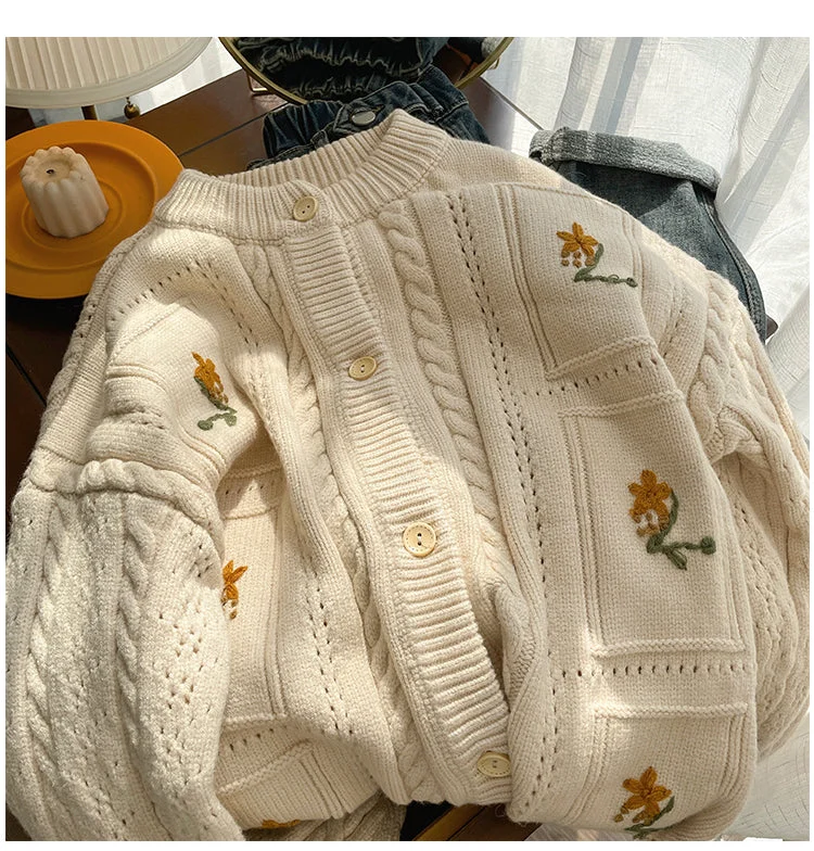 embroidered round neck sweater jacket for women soft knitted cardigan     S4807