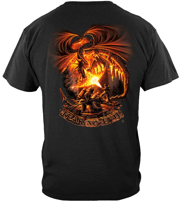 Distressed Women T Shirt with a Laid - Back AestheticFear No Evil Dragon vs Firefighter T-Shirt Distressed Women T Shirt with a Laid - Back AestheticFear No Evil Dragon vs Firefighter T-Shirt