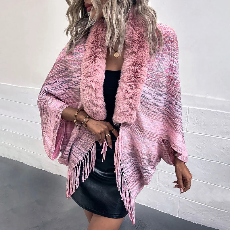 Feminine Pink Faux Fur Trim Tassel Detail Space Dye Knit Cocoon Cardigan