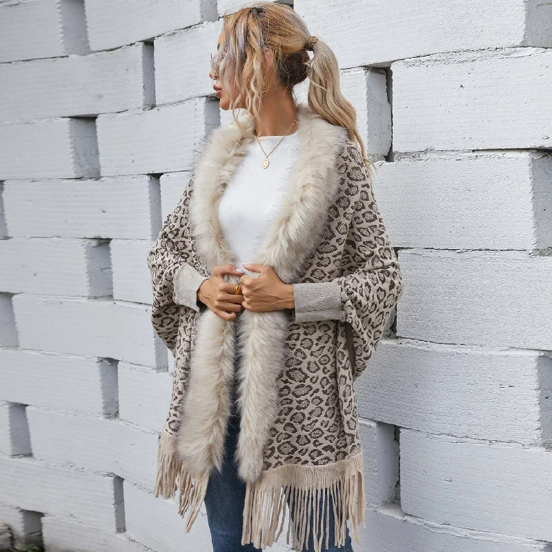 Fluffy Faux Fur Collarless Batwing Sleeve Fringe Hem Leopard Knit Shawl Cardigan