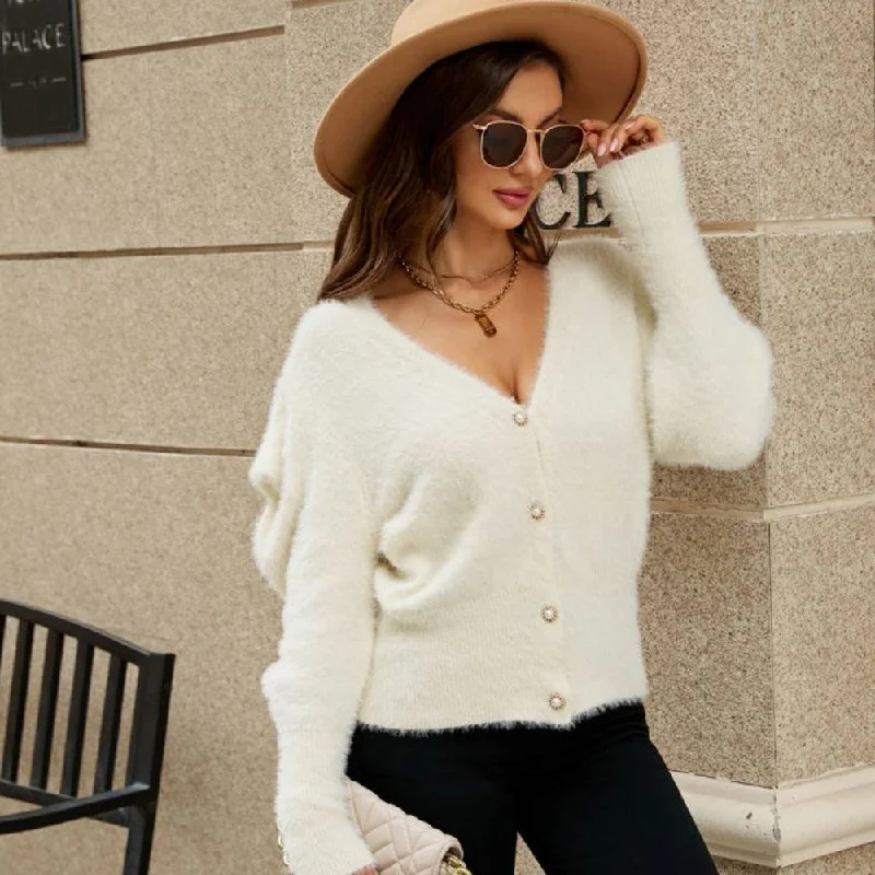 Fluffy Pearl Button Puff Sleeve V Neck White Mohair Eyelash Knit Cardigan