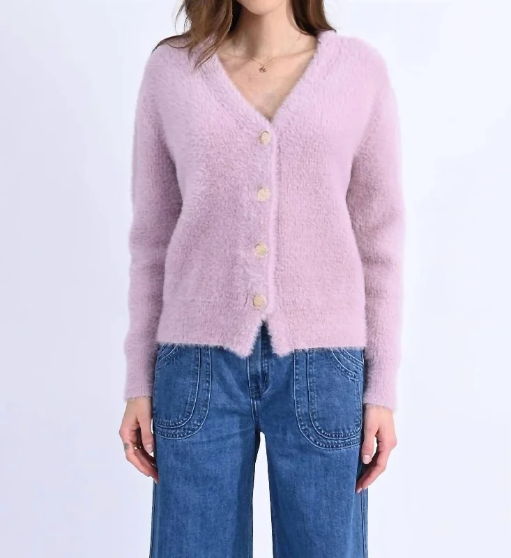 Fuzzy V-Neck Cardigan In Mauve