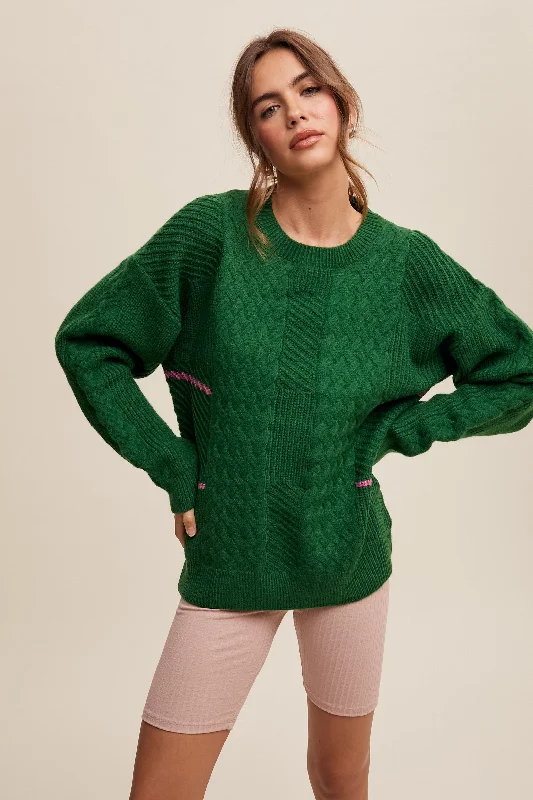 Open - Front Women's Cardigan - Style Mohair SweatersGreen Striped Mixed Cable Knit Sweater Open - Front Women's Cardigan - Style Mohair SweatersGreen Striped Mixed Cable Knit Sweater