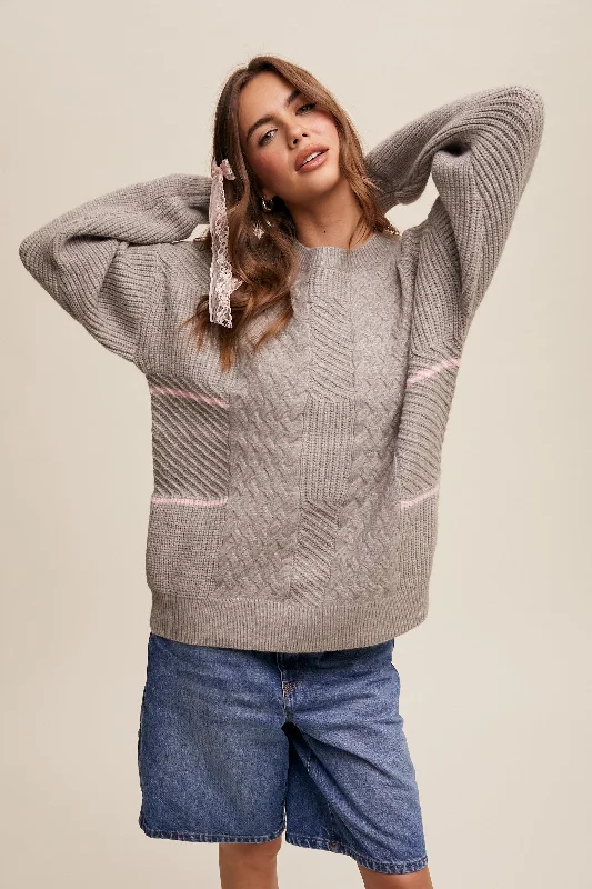 Plus Size Women's Ruffled Hem Sweaters in Floral PrintsHeather Grey Striped Mixed Cable Knit Sweater Plus Size Women's Ruffled Hem Sweaters in Floral PrintsHeather Grey Striped Mixed Cable Knit Sweater