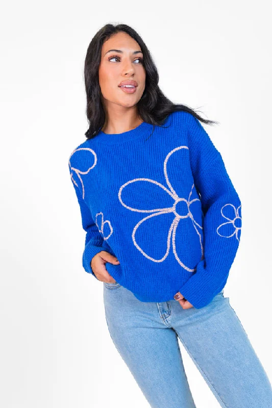 Hold My Hand Blue and Coral Floral Sweater