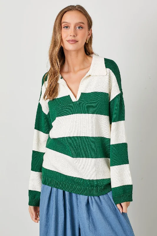 Button - Down Women's Shetland Wool Sweaters in Traditional PatternsHunter Green Wide Stripe Polo Sweater Button - Down Women's Shetland Wool Sweaters in Traditional PatternsHunter Green Wide Stripe Polo Sweater