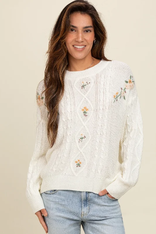 V - Neck Women's Ribbed Wool Sweaters for FallIvory Embroidered Flower Cable Knit Sweater V - Neck Women's Ribbed Wool Sweaters for FallIvory Embroidered Flower Cable Knit Sweater