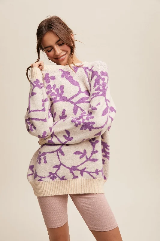 Plus Size Women's Oversized Chunky Knit SweatersLavender Floral Drop Shoulder Sweater Plus Size Women's Oversized Chunky Knit SweatersLavender Floral Drop Shoulder Sweater