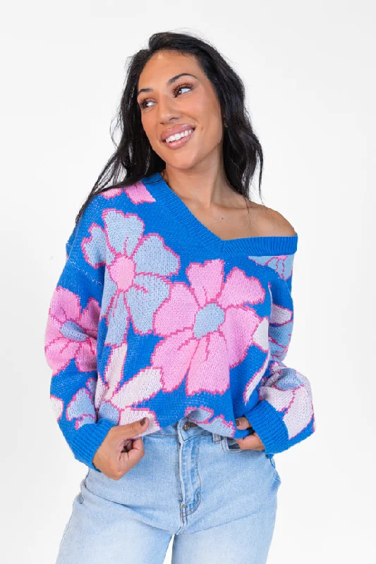 Lively Love Blue Multi V-Neck Floral Print Sweater