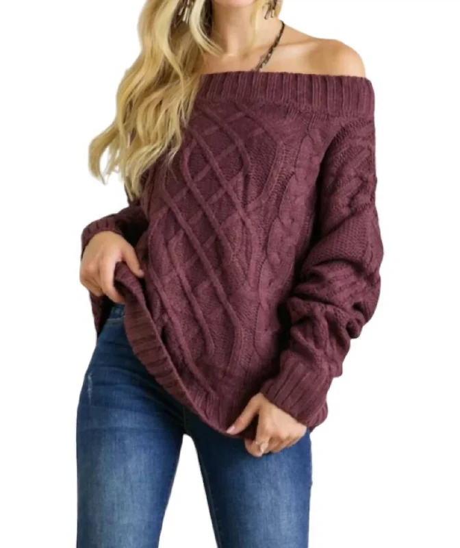 Cropped Women's Angora Blend Sweaters for a Trendy LookLizzie Cable Knit Bardot Sweater In Eggplant Cropped Women's Angora Blend Sweaters for a Trendy LookLizzie Cable Knit Bardot Sweater In Eggplant
