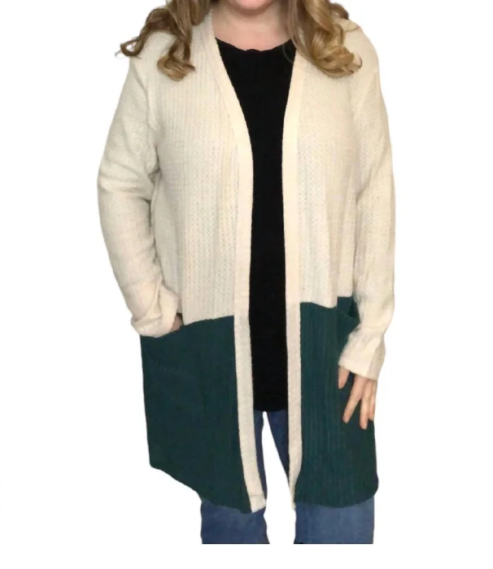Plus Size Women's Ruffled Hem Sweaters in Floral PrintsLong Waffle Sweater In Cream & Teal Plus Size Women's Ruffled Hem Sweaters in Floral PrintsLong Waffle Sweater In Cream & Teal