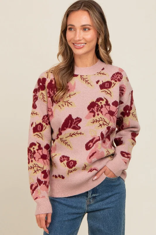 Boat Neck Women's Merino Wool Sweaters in Neutral ShadesMauve Floral Print Crew Neck Sweater Boat Neck Women's Merino Wool Sweaters in Neutral ShadesMauve Floral Print Crew Neck Sweater