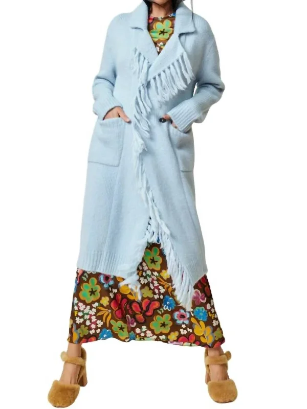 Women's Long Sleeve Turtleneck Cashmere SweatersMavis Fringe Knit Coat In Glacier