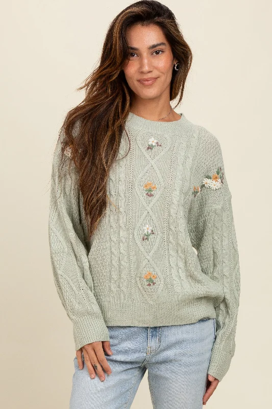 Sleeveless Women's Silk - Trimmed Sweaters for SummerMint Green Embroidered Flower Cable Knit Sweater Sleeveless Women's Silk - Trimmed Sweaters for SummerMint Green Embroidered Flower Cable Knit Sweater