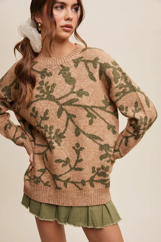 High - Low Hem Women's Cashmere - Blended SweatersOlive Floral Drop Shoulder Sweater High - Low Hem Women's Cashmere - Blended SweatersOlive Floral Drop Shoulder Sweater