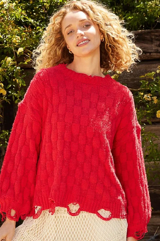 Mock Neck Women's Alpaca Wool Sweaters in Earth TonesHot Girl Checkered Distressed Edge Sweater In Candy Apple Red Mock Neck Women's Alpaca Wool Sweaters in Earth TonesHot Girl Checkered Distressed Edge Sweater In Candy Apple Red