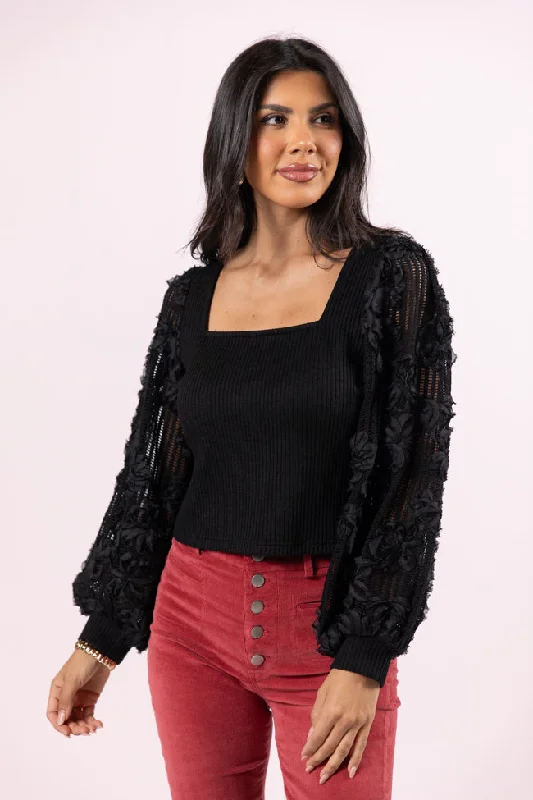 Plus Size Women's Belted Cable Knit SweatersPut It On Ice Black Textured Sleeve Square Neck Sweater Plus Size Women's Belted Cable Knit SweatersPut It On Ice Black Textured Sleeve Square Neck Sweater