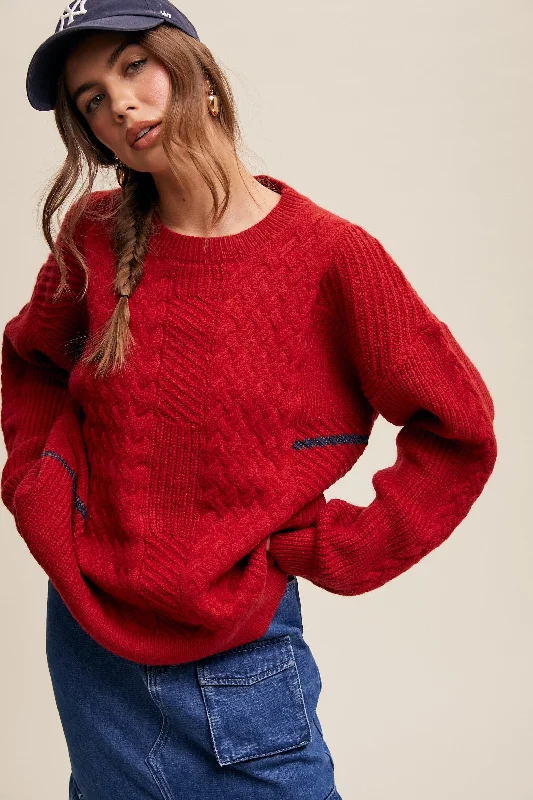 Plus Size Women's Sequined Sweaters for Special OccasionsRed Striped Mixed Cable Knit Sweater Plus Size Women's Sequined Sweaters for Special OccasionsRed Striped Mixed Cable Knit Sweater