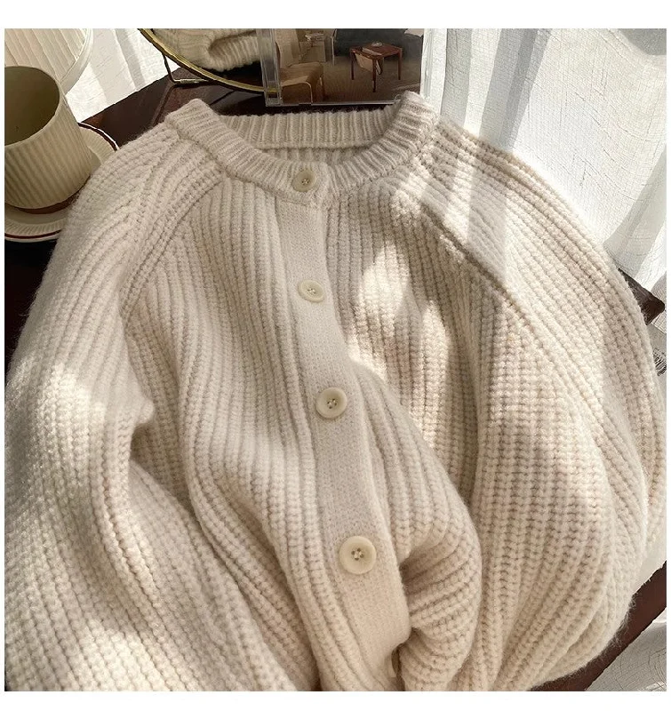 Retro round neck sweater jacket for women long-sleeved knitted cardigan     S4859