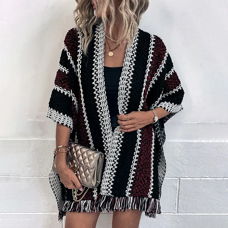 Retro Tassel Trim Multicolored Contrast Striped Textured Knit Shawl Cardigan