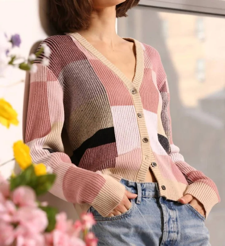 Ribbed Plaited Cardigan In Colorblock Multi