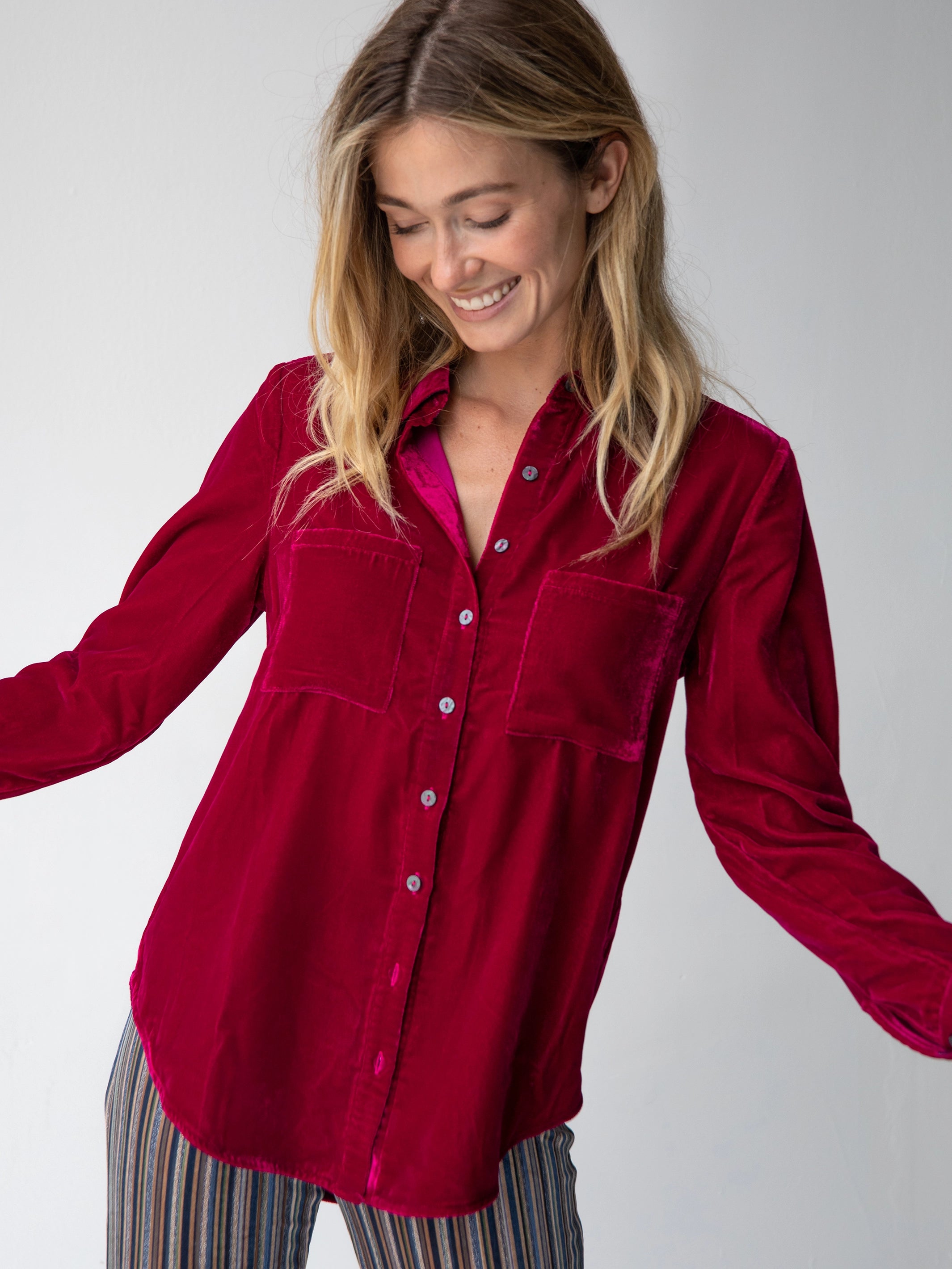 Rocky Velvet Button Down - Dark Magenta