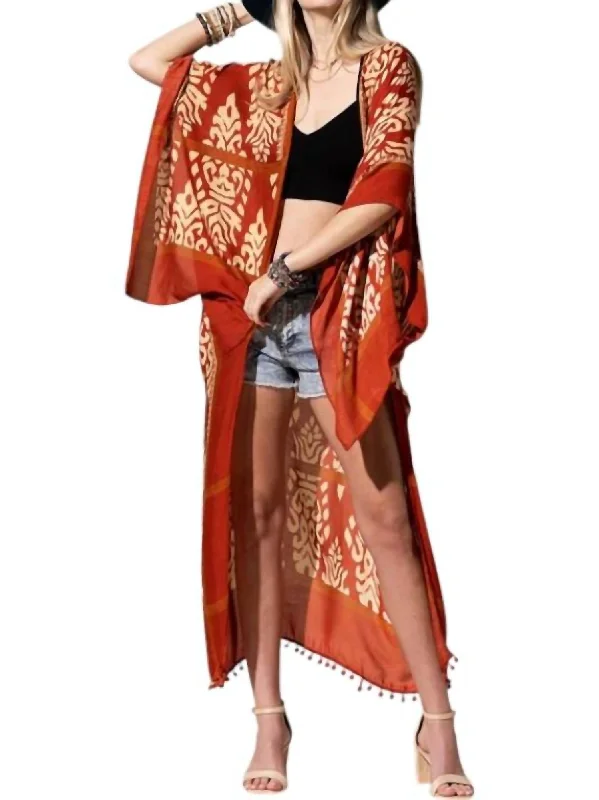 Plus Size Women's Belted Cable Knit SweatersSamantha Damask Print Kimono In Rust