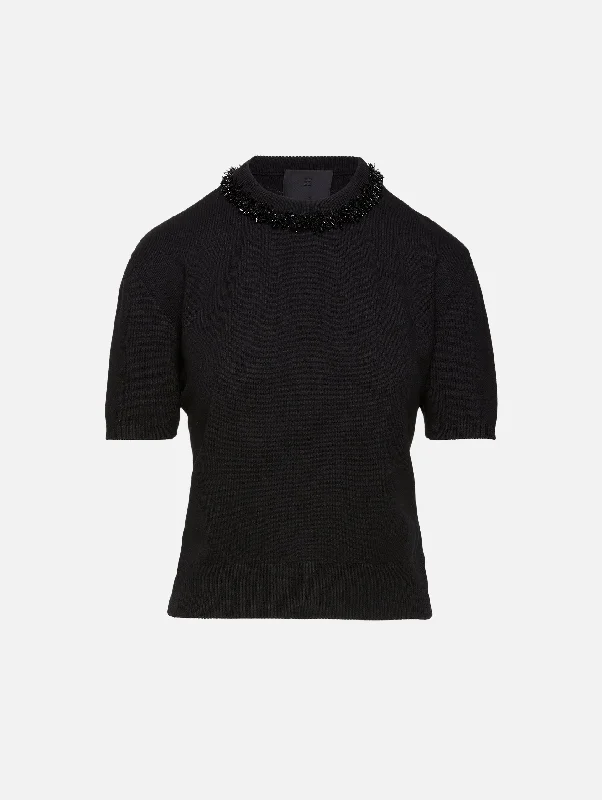 Boat Neck Women's Merino Wool Sweaters in Neutral ShadesShort Sleeve Embroidered Sweater Boat Neck Women's Merino Wool Sweaters in Neutral ShadesShort Sleeve Embroidered Sweater