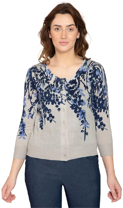 Women's ¾ Sleeve Knit Printed And Embellished Cardigan Sweater