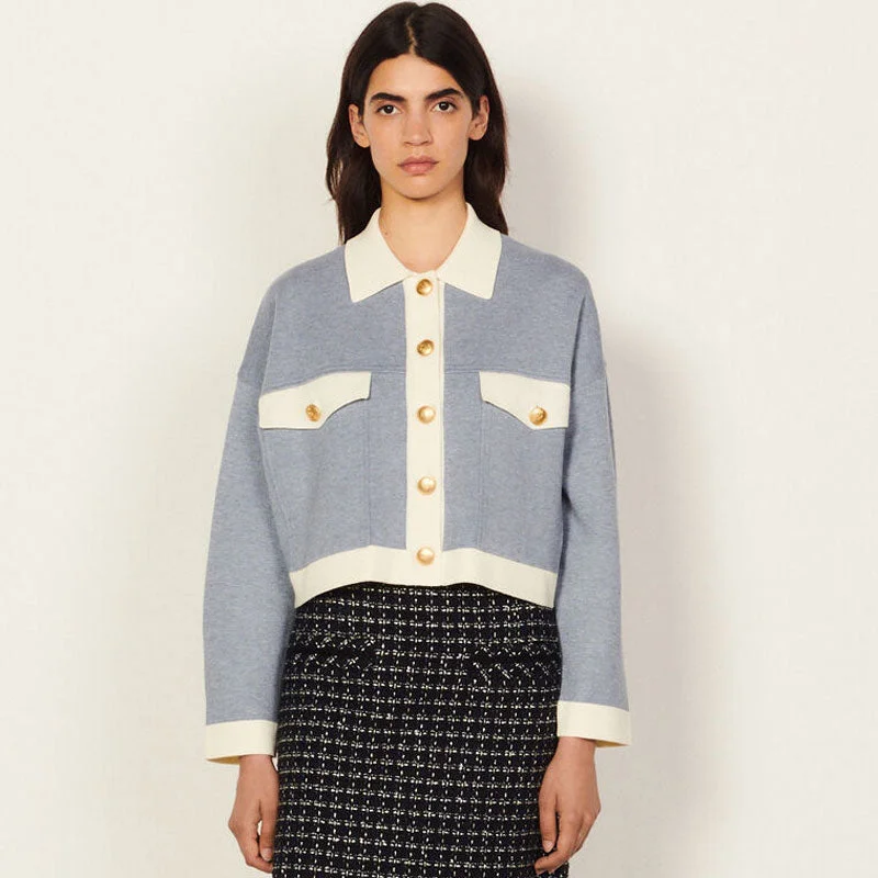 Sweet Contrast Long Sleeve Button Up Crop Knit Cardigan - Dusty Blue