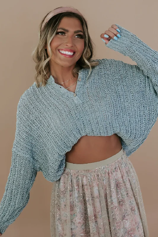 Button Relaxed Crochet Sweater, Mint