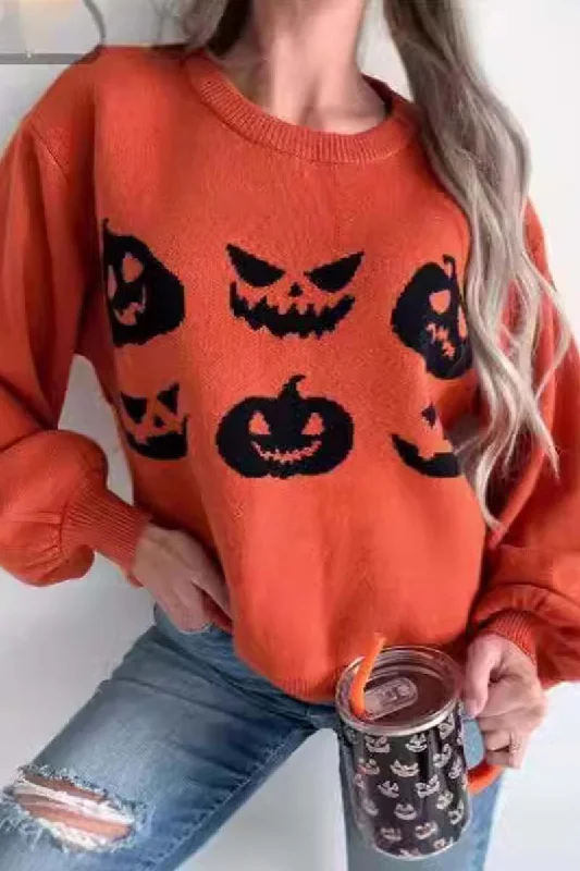 Women's Halloween Pumpkin Face Pattern Off Shoulder Sweater