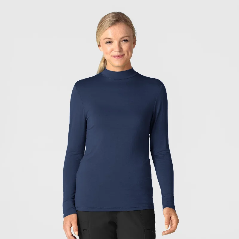 Women’s Long Sleeve Mock Neck Silky Tee - Navy