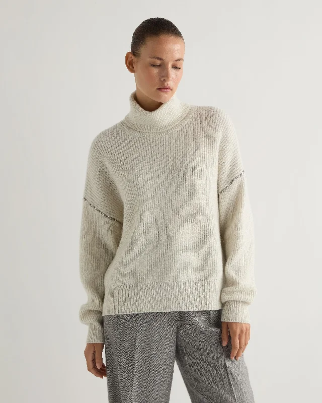 Button - Down Women's Shetland Wool Sweaters in Traditional PatternsWomen's Metal Trim Turtle Neck Cashmere Sweater With Lurex Snow Grey Sparkle Button - Down Women's Shetland Wool Sweaters in Traditional PatternsWomen's Metal Trim Turtle Neck Cashmere Sweater With Lurex Snow Grey Sparkle