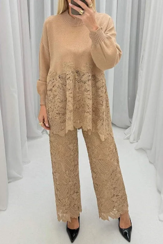 Women's Long Sleeve Turtleneck Cashmere SweatersWomen's Round Neck Long Sleeve Lace Spliced Sweater Two Piece Set Women's Long Sleeve Turtleneck Cashmere SweatersWomen's Round Neck Long Sleeve Lace Spliced Sweater Two Piece Set