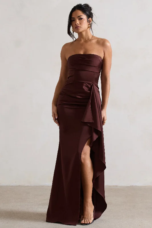 Pleated Women Dress with a Timeless and Elegant TextureAce | Chocolate Brown Satin Bandeau Split Maxi Dress With Ruffle Drape Pleated Women Dress with a Timeless and Elegant TextureAce | Chocolate Brown Satin Bandeau Split Maxi Dress With Ruffle Drape