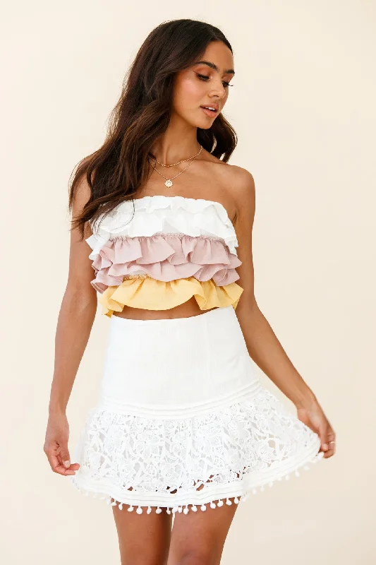 Off - the - Shoulder Women Dress for a Romantic and Feminine LookAdrielle Lace Detail Fluted Hem Mini Skirt White Off - the - Shoulder Women Dress for a Romantic and Feminine LookAdrielle Lace Detail Fluted Hem Mini Skirt White