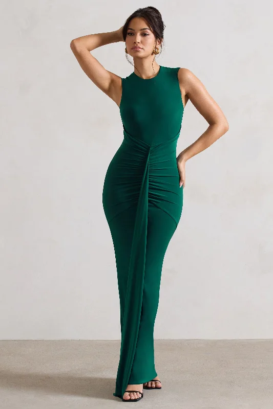 Sheath Women Dress with a Tailored Fit for a Professional LookAlexa | Bottle Green High-Neck Gathered Maxi Dress With Drape Sheath Women Dress with a Tailored Fit for a Professional LookAlexa | Bottle Green High-Neck Gathered Maxi Dress With Drape